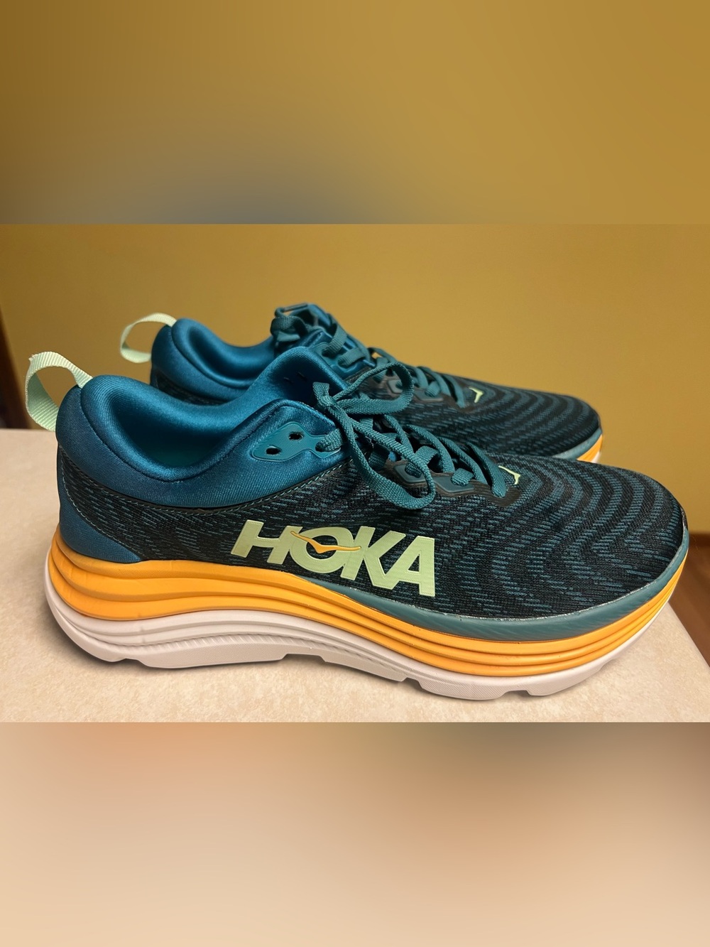 Hoka Men's Teal and Yellow Athletic Running Shoes